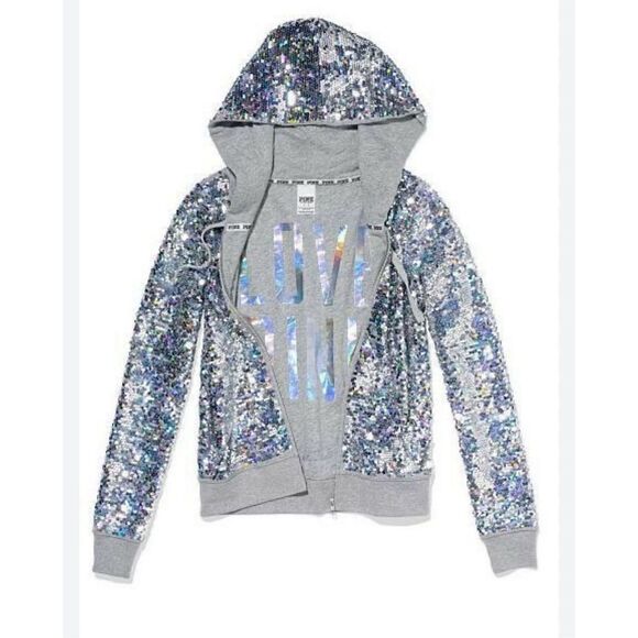PINK Victoria's Secret  rainbow bling sequin fashion show Zip Hoodie nwt sz M - Picture 5 of 10